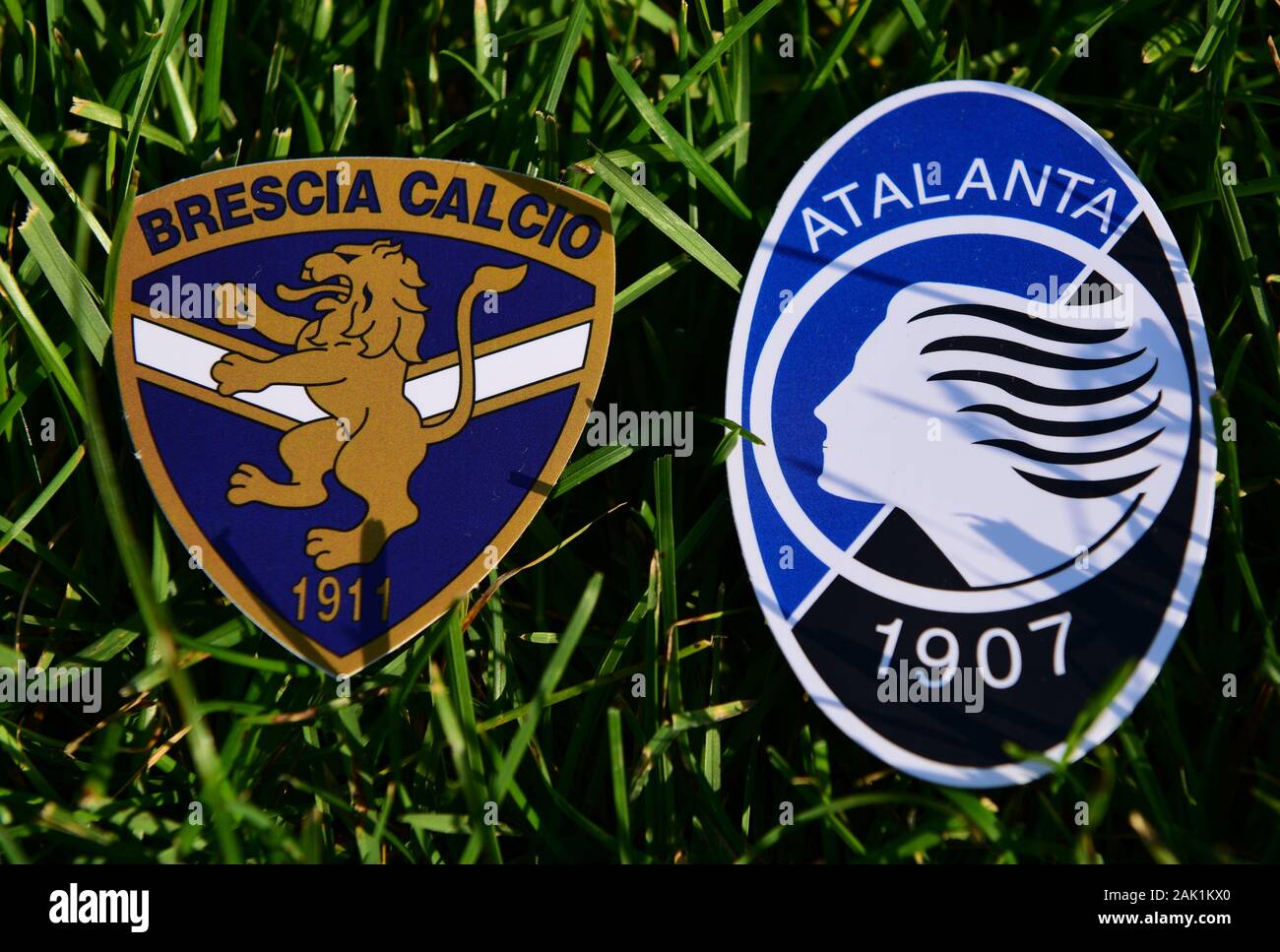 September 6 2019 Turin Italy Emblems Of Italian Football Clubs Brescia And Atalanta Bergamo On The Green Grass Of The Lawn Stock Photo Alamy