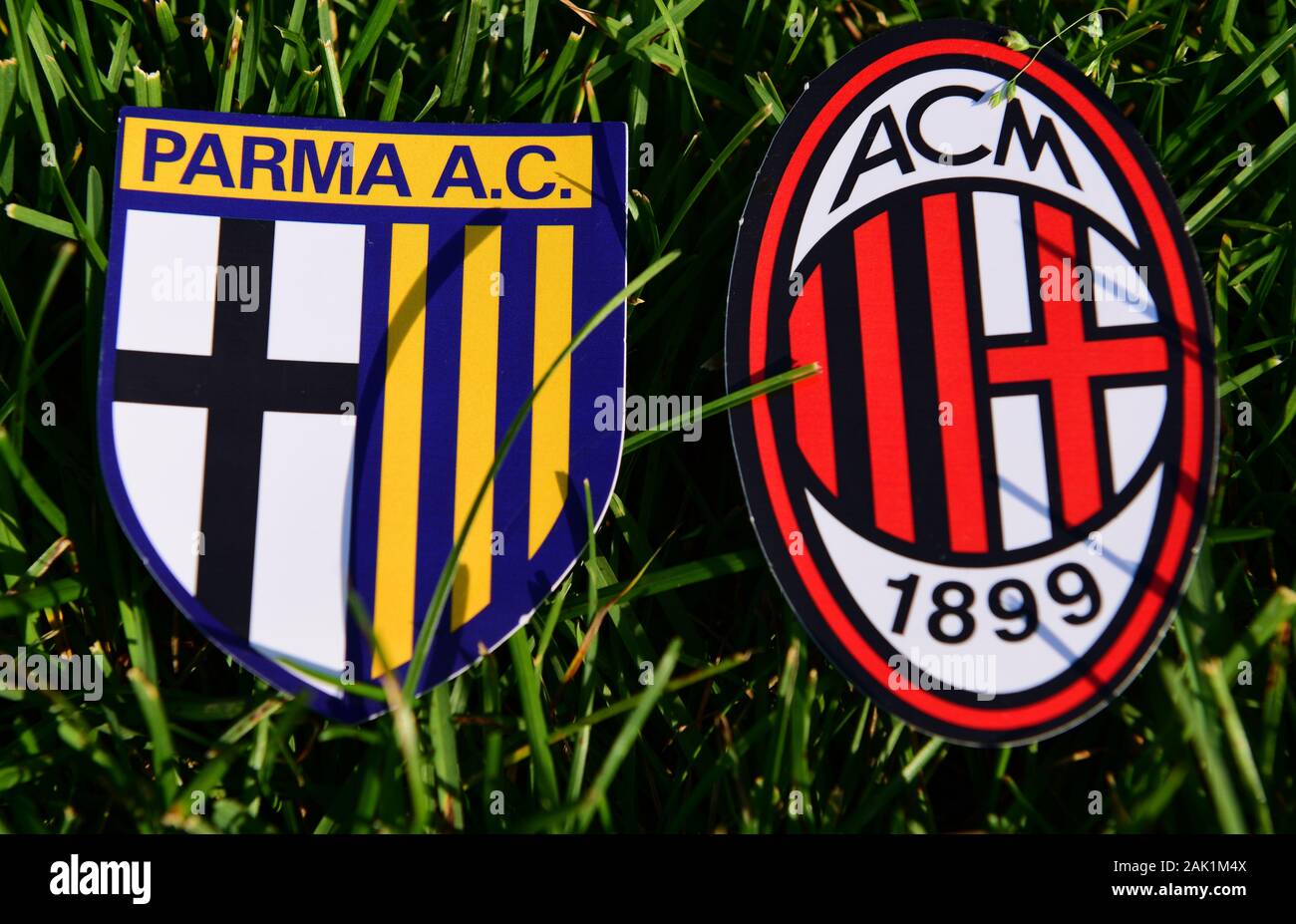 September 6, 2019, Turin, Italy. Emblems of Italian football clubs
