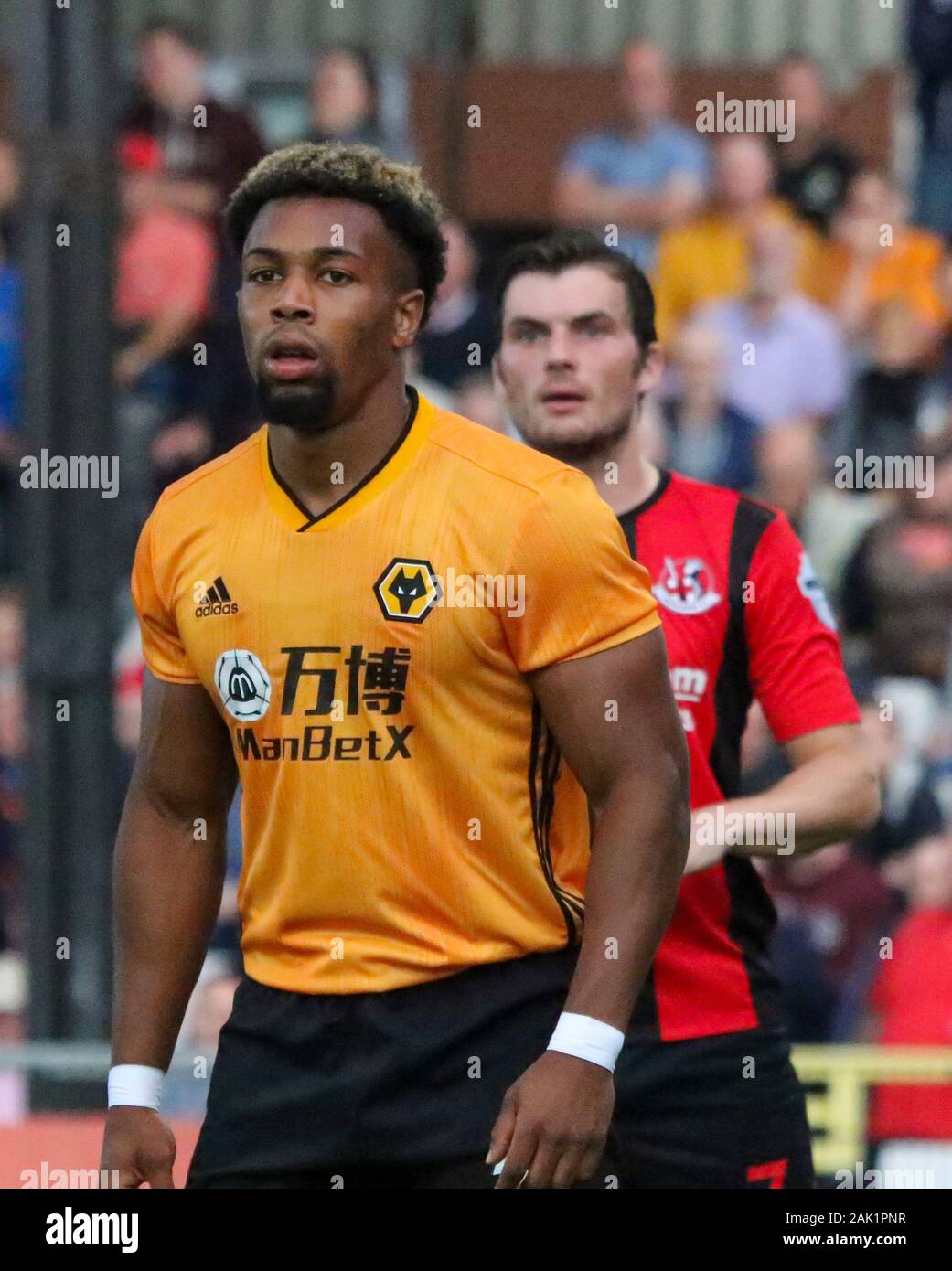 Seaview Stadium, Belfast, Northern Ireland. 01st Aug, 2019. UEFA Europa League Second Qualifying Round (Second Leg) Crusaders (red/black) v Wolves. Wolverhampton Wanderers player Adama Traore (37) in action. Stock Photo
