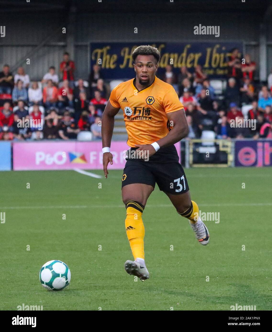 Seaview Stadium, Belfast, Northern Ireland. 01st Aug, 2019. UEFA Europa League Second Qualifying Round (Second Leg) Crusaders (red/black) v Wolves. Wolverhampton Wanderers player Adama Traore (37) in action. Stock Photo