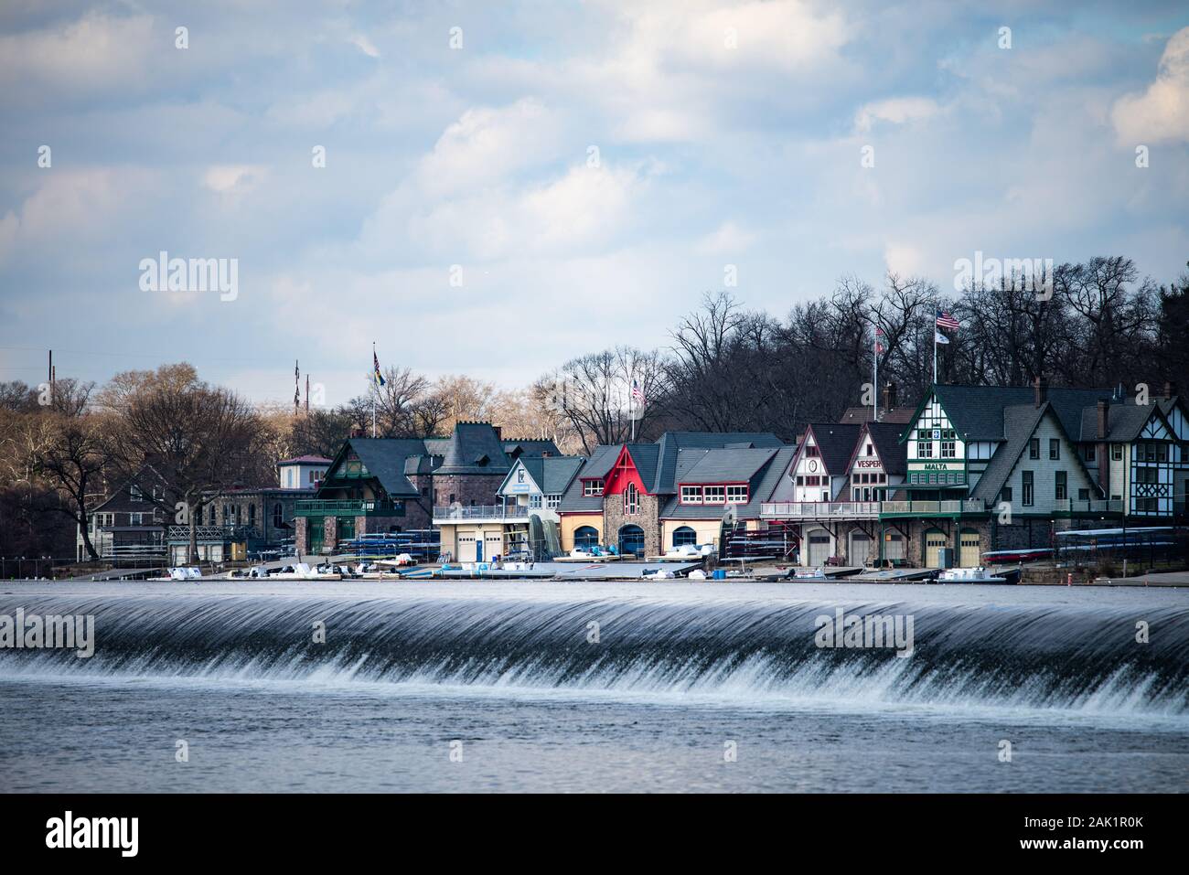 A view of Philadelphia's famous Boathouse Row visible behind the weir at the historic Water Works. Stock Photo
