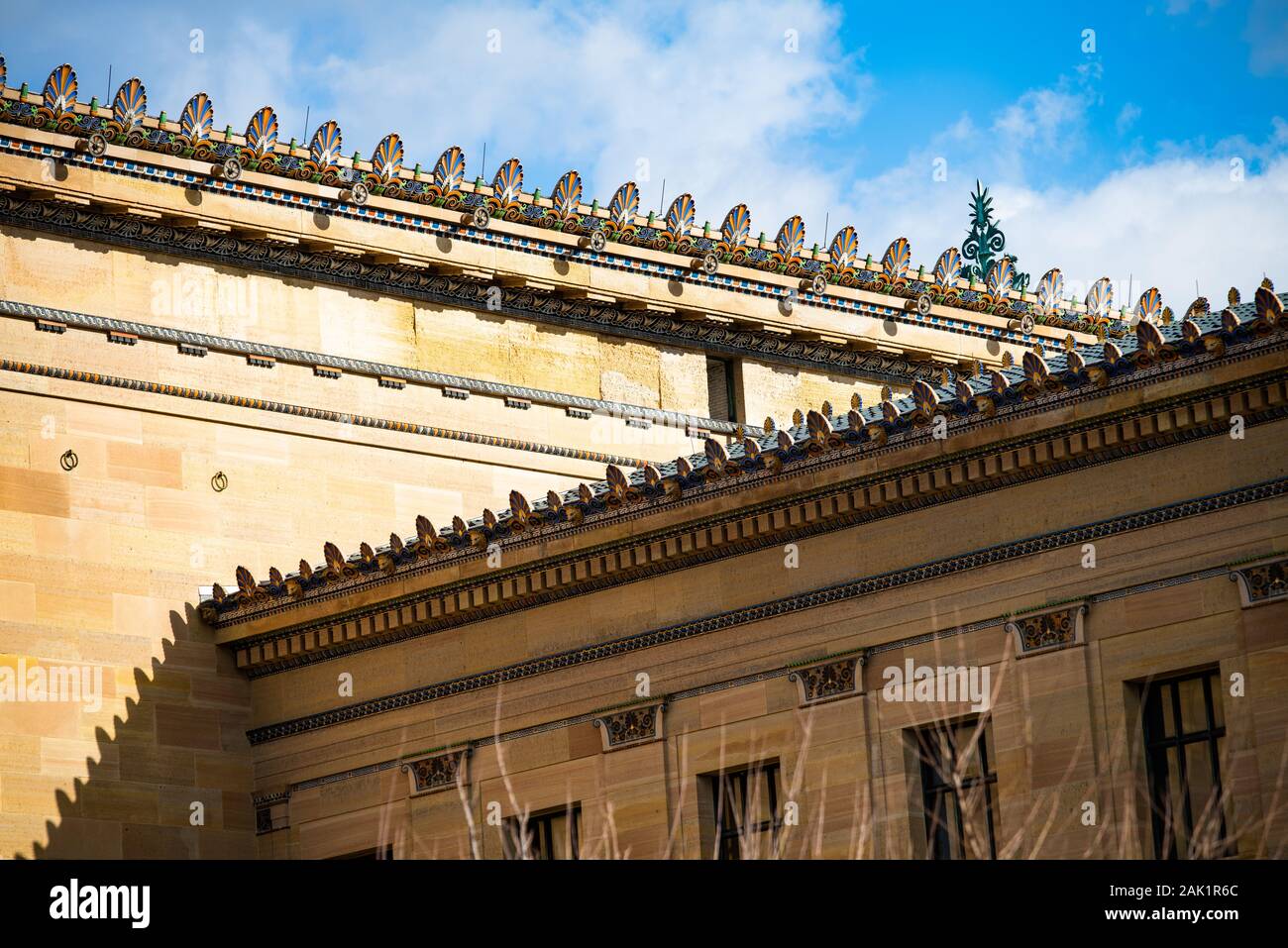 Detail of roof decorations on the Philadelphia Museum of Art. Stock Photo