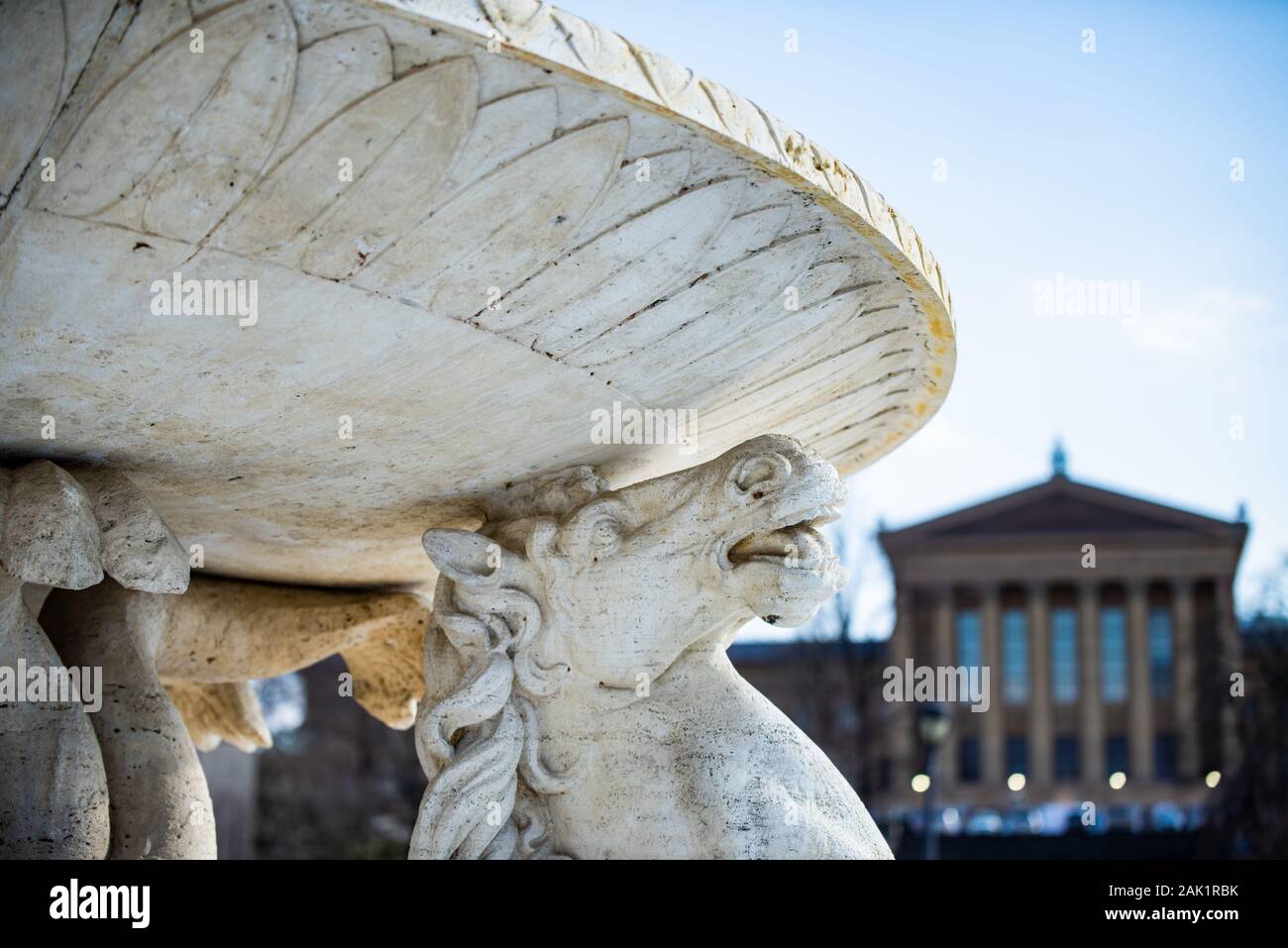 A close up of the Fountain of the Sea Horses with the Philadelphia Art Museum in the background. Stock Photo