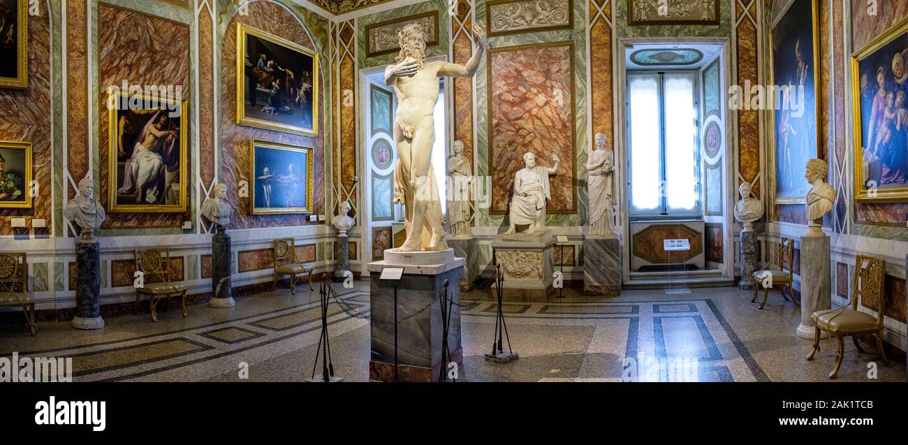Italian art, panoramic image of The Room of the Silenus, Dancing Satyr marble Hellenistic statue, Galleria Borghese Museum, Rome, Italy Stock Photo