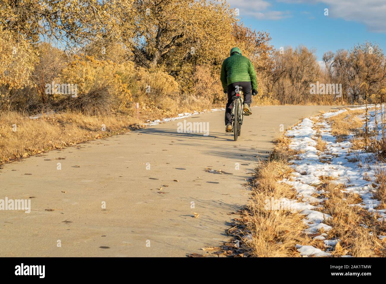 Winter Or Fall Commuting On A Bike Trail Poudre River Trail In Northern Colorado Stock Photo Alamy