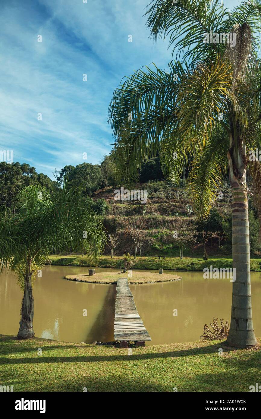 Wooden walkway going to a small island in pond from a garden with palm trees near Bento Goncalves. A wine producing country city in southern Brazil. Stock Photo