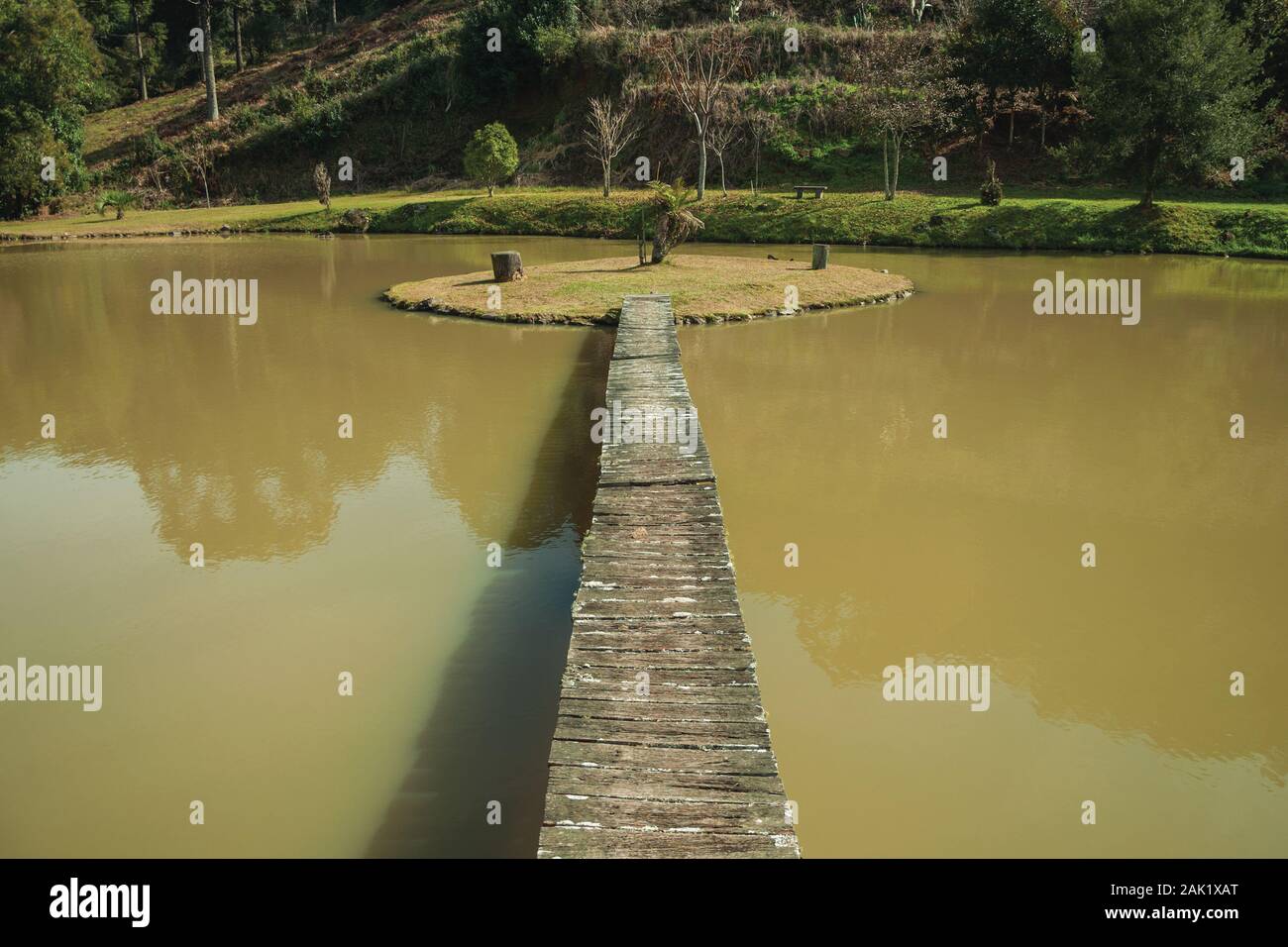 Wooden walkway going to a small island in pond from a garden with palm trees near Bento Goncalves. A wine producing country city in southern Brazil. Stock Photo