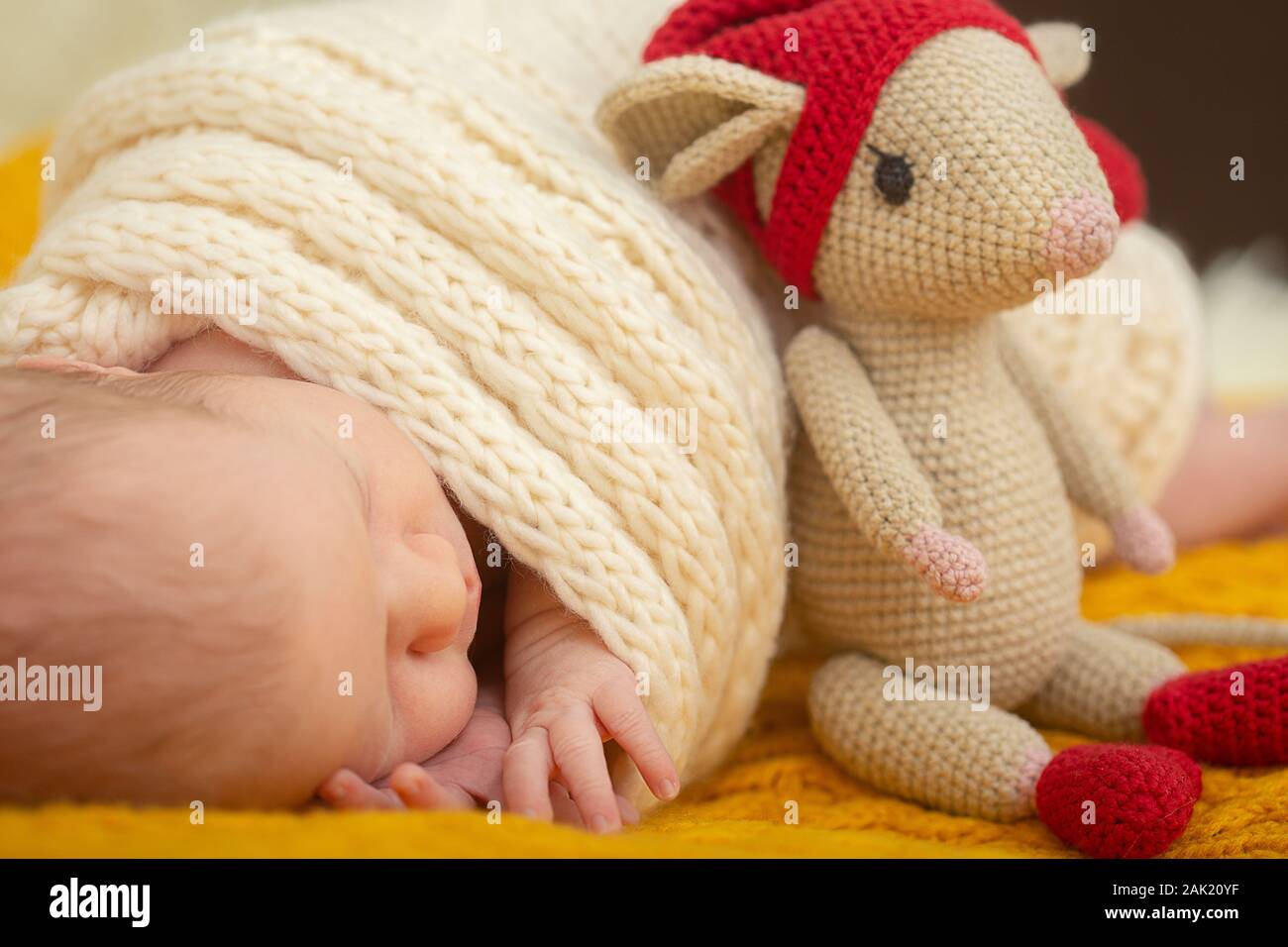cute newborn girl sleeping on on knitted background closeup portrait with mouse toy Stock Photo
