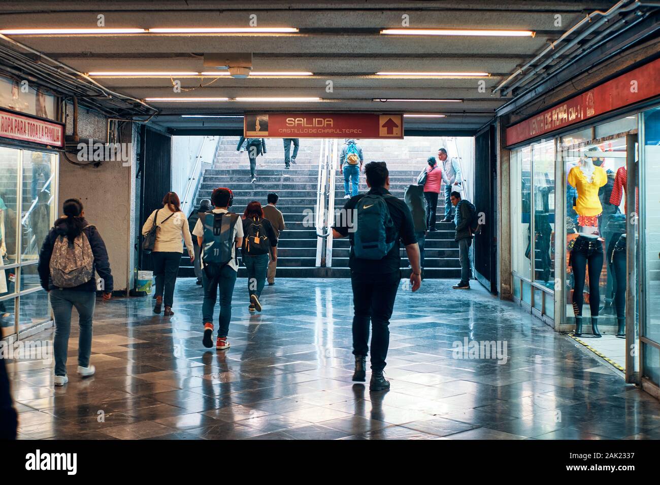 Mexico City, October 16, 2019 - People walking to Chapultepec Castle metro exit in Mexico City. Commuters leave the metro station in the morning. Stock Photo