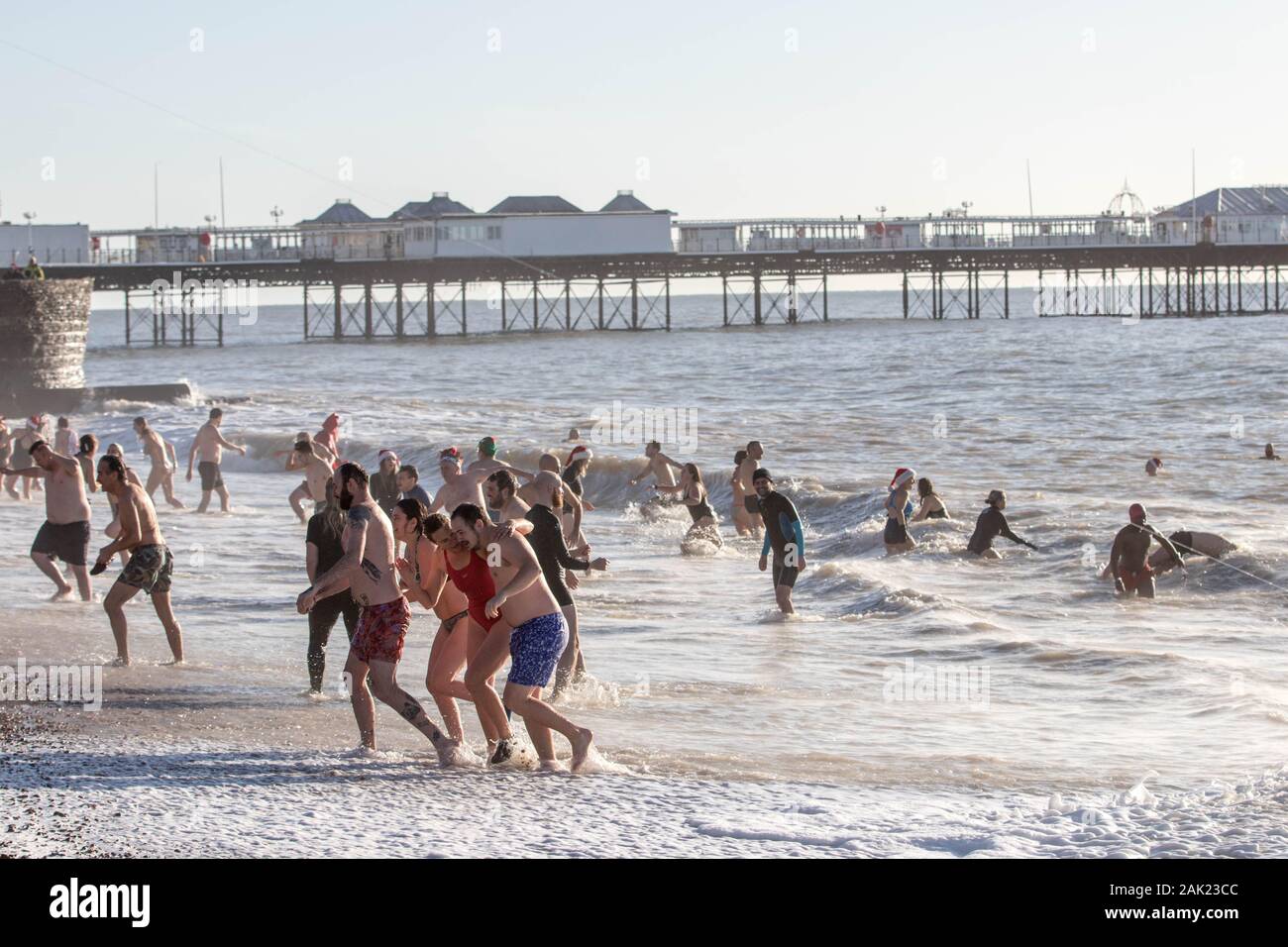 The annual Brighton Beach Christmas Day Swim 2019  The sea temperature was 12.1°C / 53.7°F Stock Photo