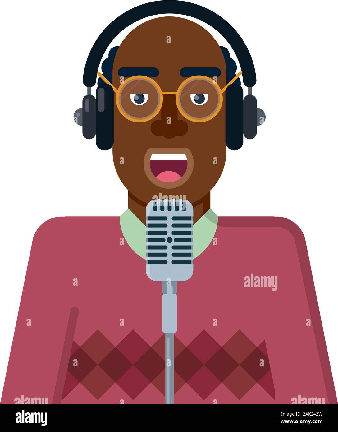 person speaking into microphone and wearing headphones Stock Vector