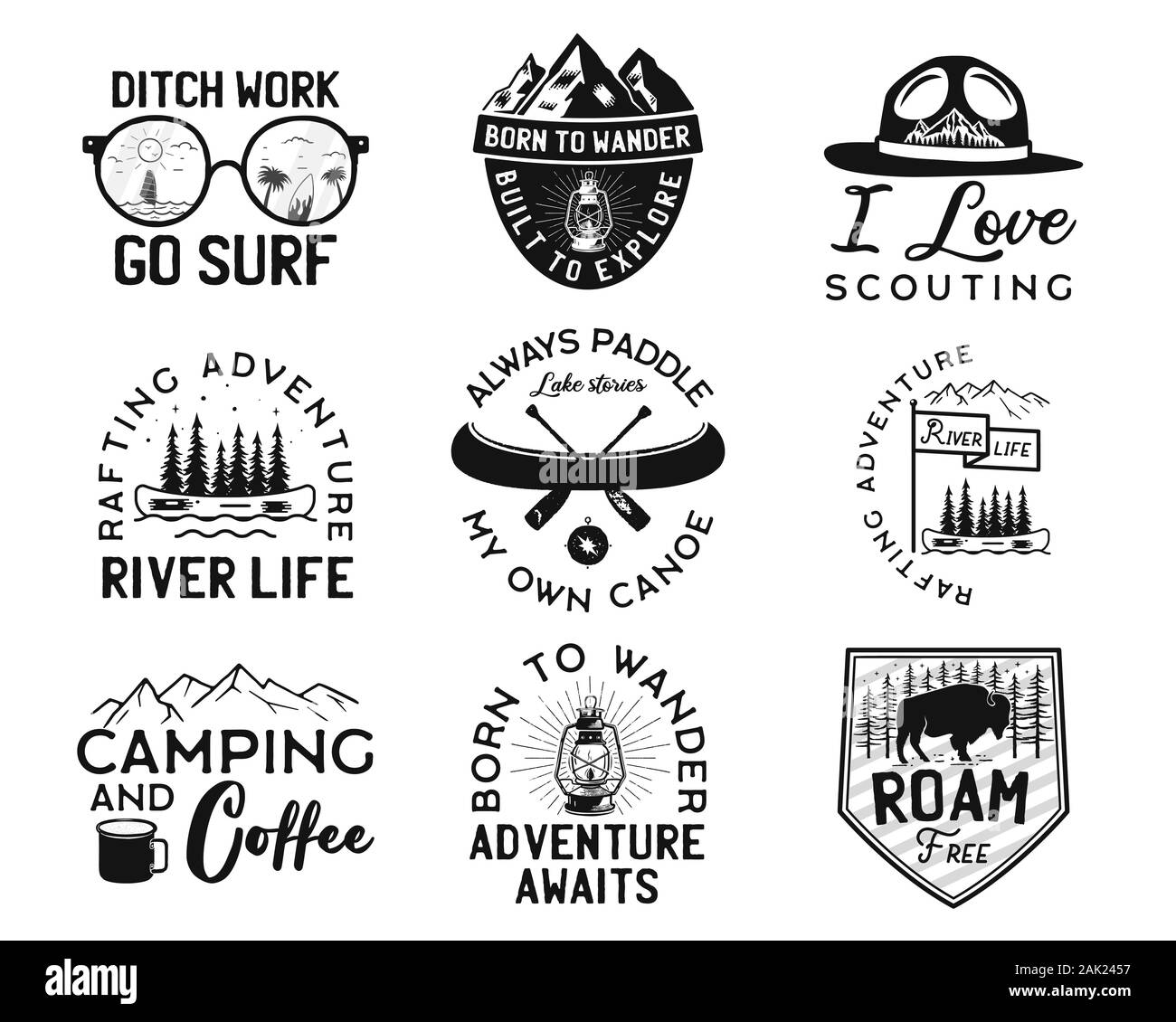 Vintage camp logos, mountain badges set. Hand drawn labels designs. Travel expedition, canoe, wanderlust and hiking. Outdoor emblems. Logotypes Stock Vector