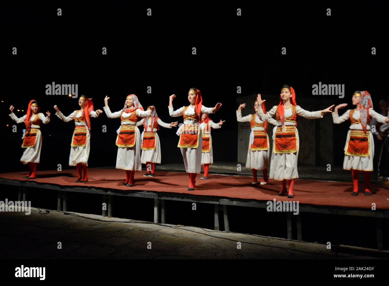 Albanian folk dancers with traditional costumes, celebrating Ramadan in Skopje, Macedonia Stock Photo
