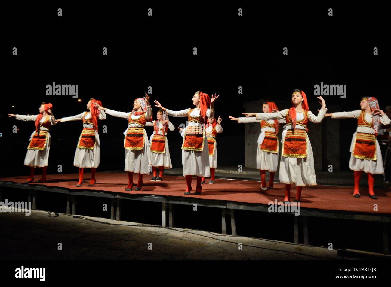 Albanian folk dancers with traditional costumes, celebrating Ramadan in Skopje, Macedonia Stock Photo