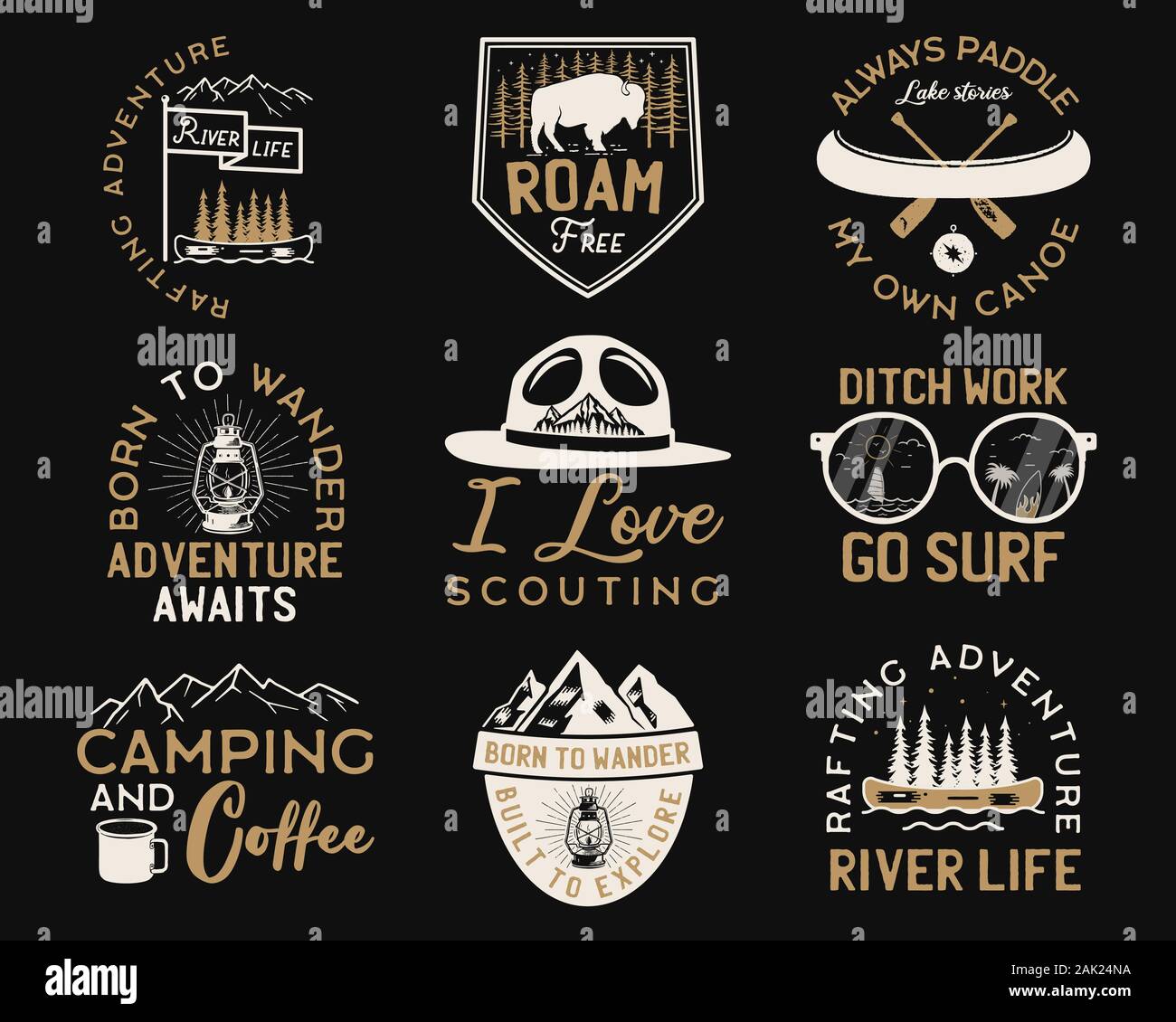 Vintage hand drawn travel badges set. Camping labels concepts. Mountain  expedition logo designs. Retro camp logotypes collection. Stock vector  outdoor Stock Vector Image & Art - Alamy