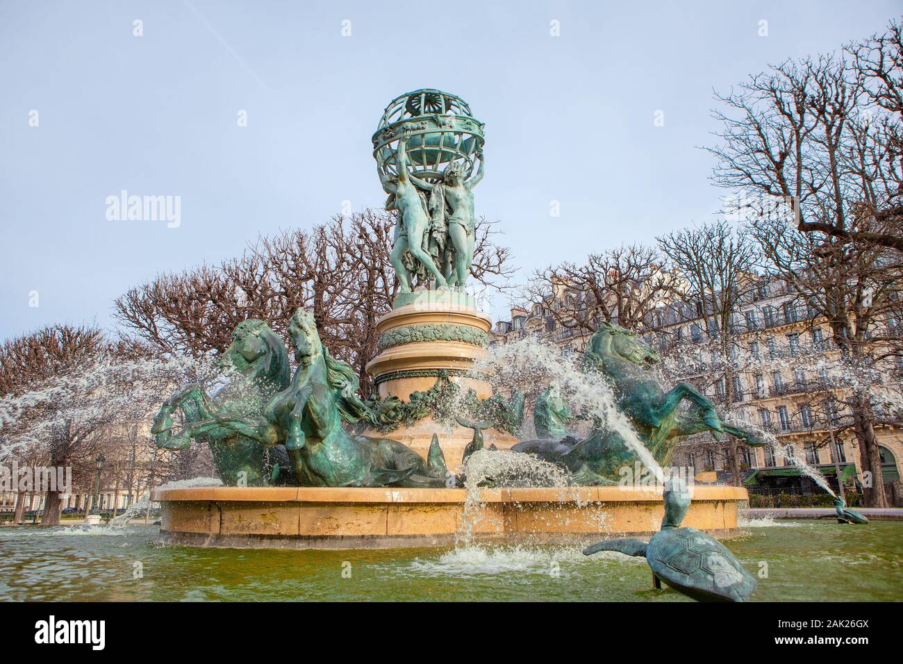 Fontaine de l'Observatoire is a monumental fountain located in the Jardin Marco Polo Stock Photo