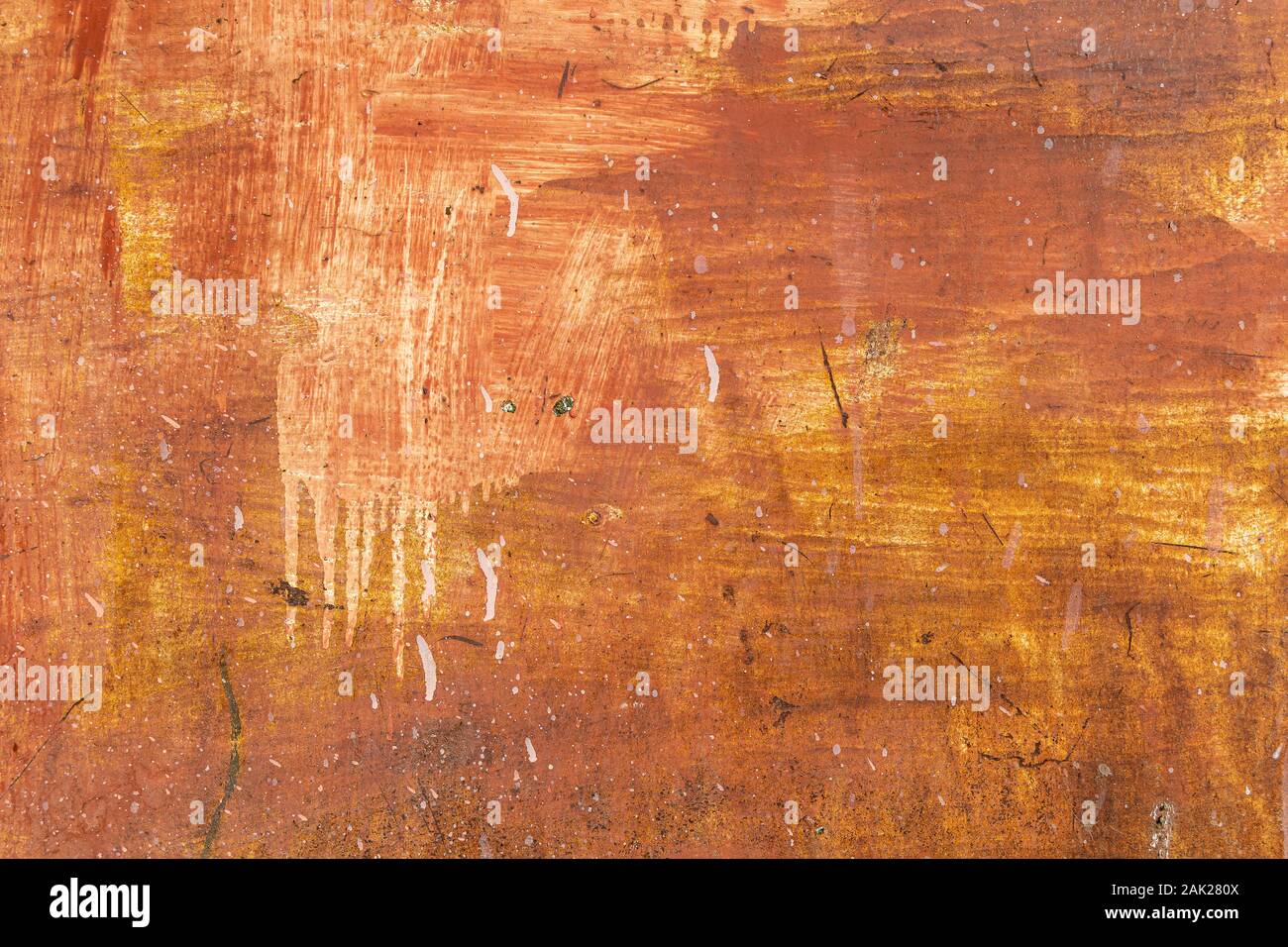 Old grunge rusty steel plate painted red,yellow,white color of background and texture. Stock Photo