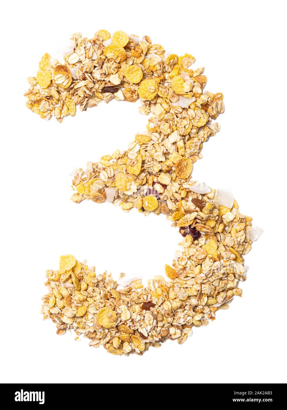 Arabic numeral "3" from muesli with coconut, berries, raisins, cereal