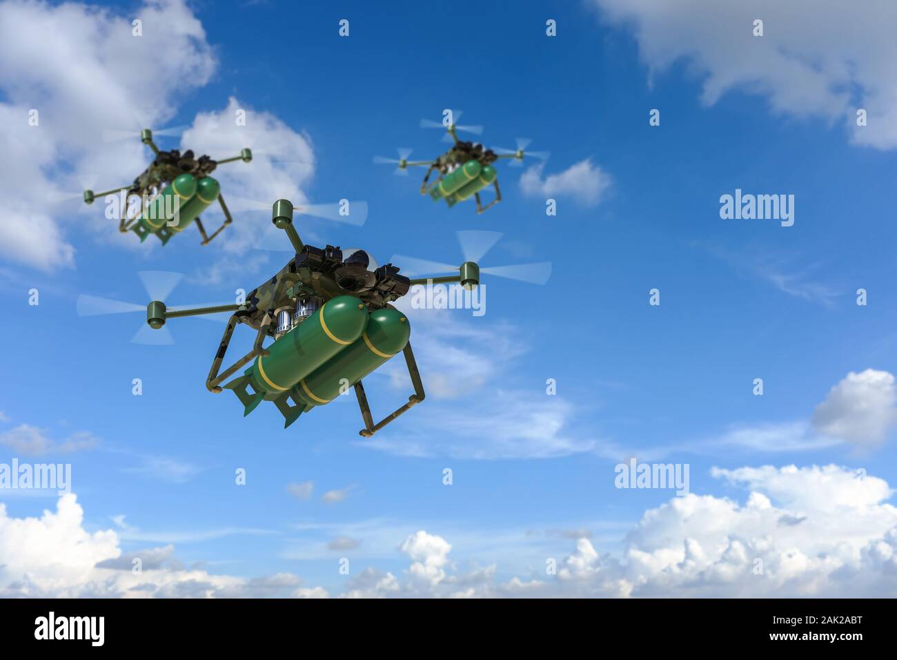 3d rendering military drone with missile in blue sky Stock Photo