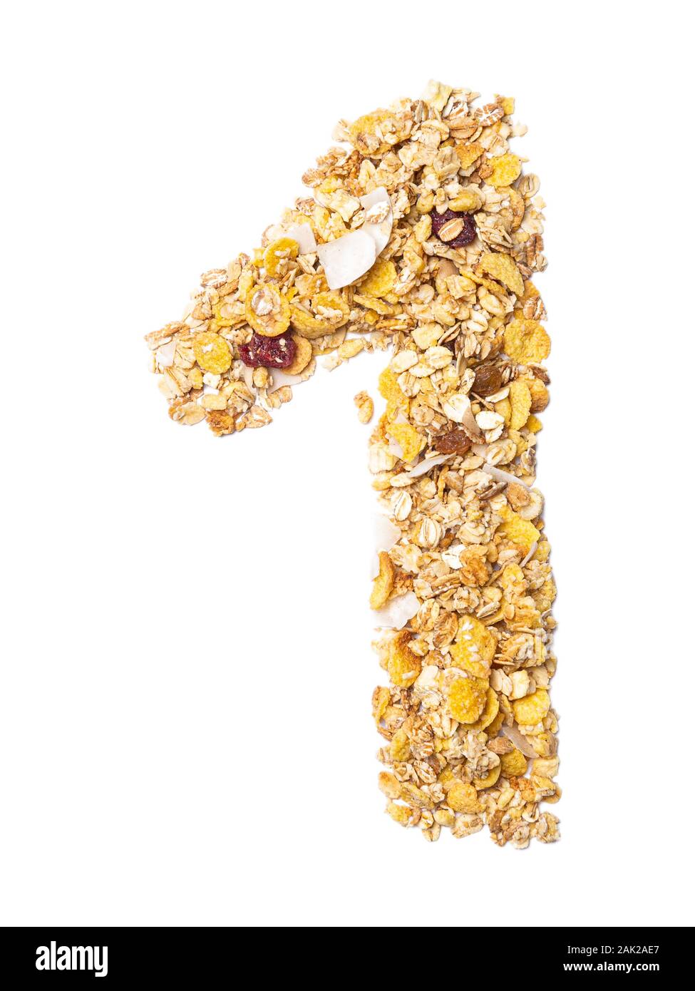 Arabic numeral "1" from muesli with coconut, berries, raisins, cereal