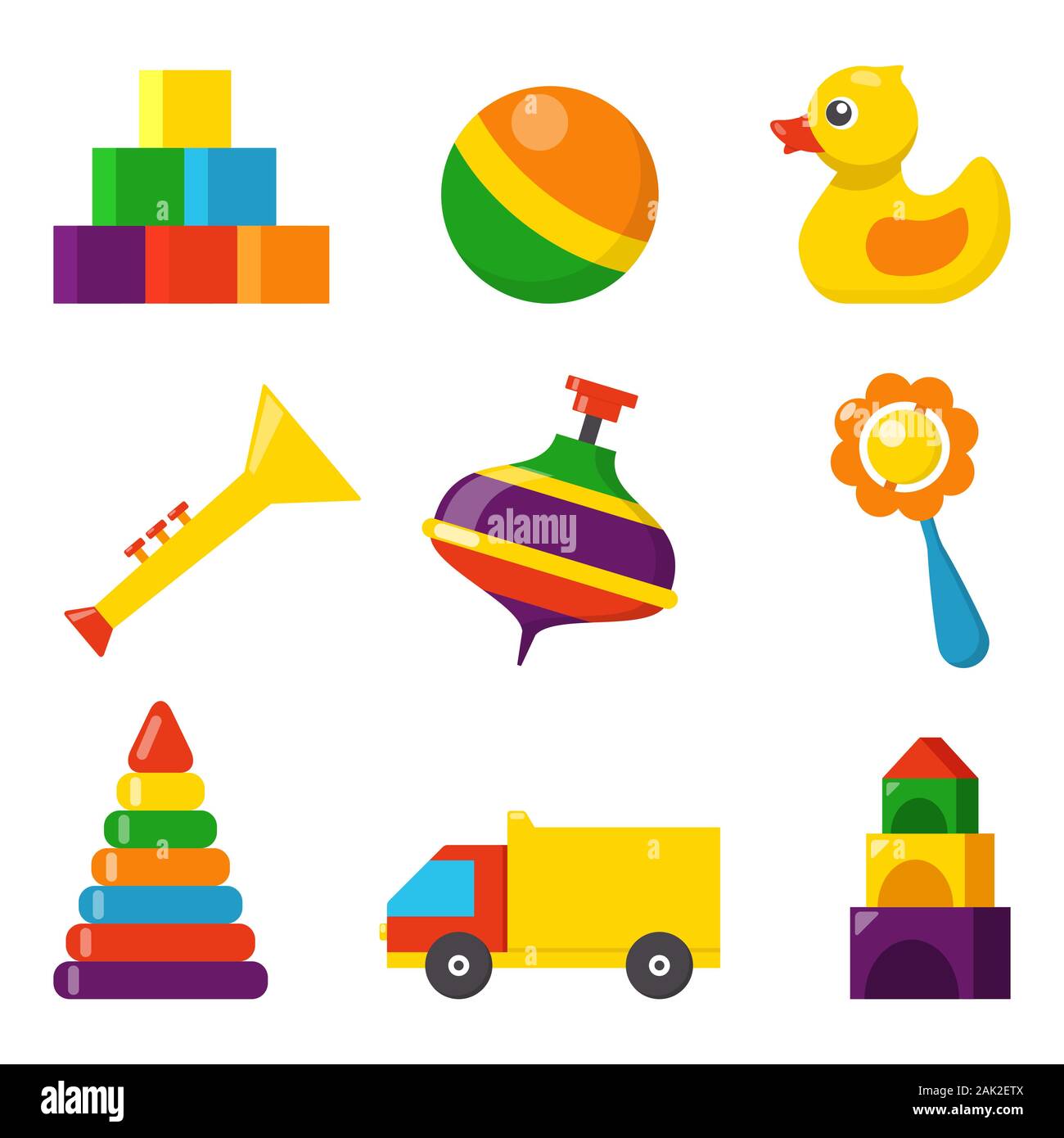 Colorful children toys, set of vector icons in flat style. Cubes, whirligig, duck, ball rattle, truck, pyramid, pipe. Toys for kids Stock Vector