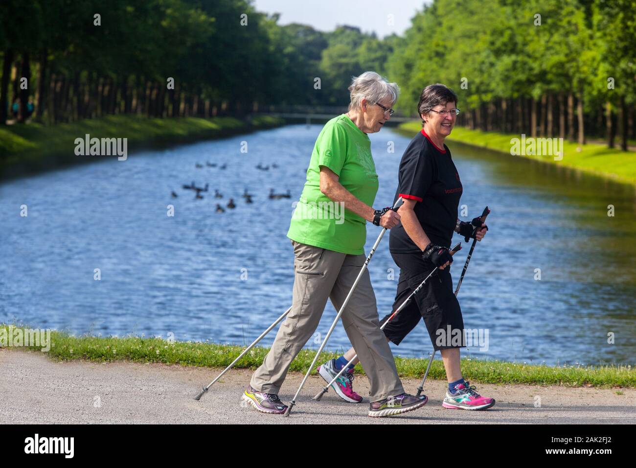 Two German senior women enjoy Nordic walking in Kassel city park Germany old people European seniors training Stock Photo