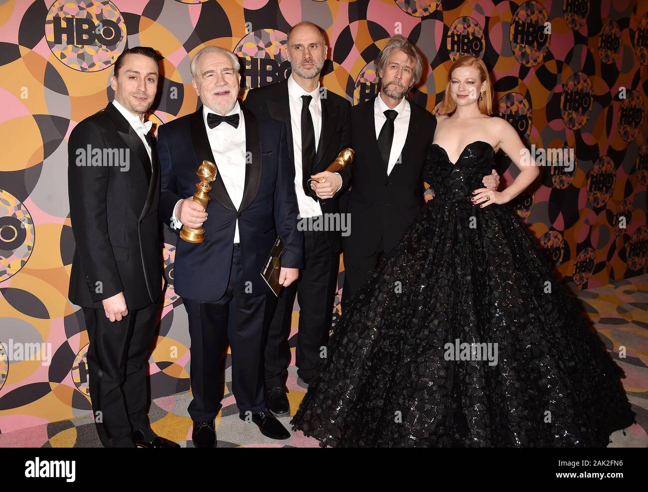 BEVERLY HILLS, CA - JANUARY 05: (L-R) Kieran Culkin, Brian Cox, Jesse Armstrong, Alan Ruck and Sarah Snook attend HBO's Official Golden Globes After Party at Circa 55 Restaurant on January 05, 2020 in Los Angeles, California. Stock Photo
