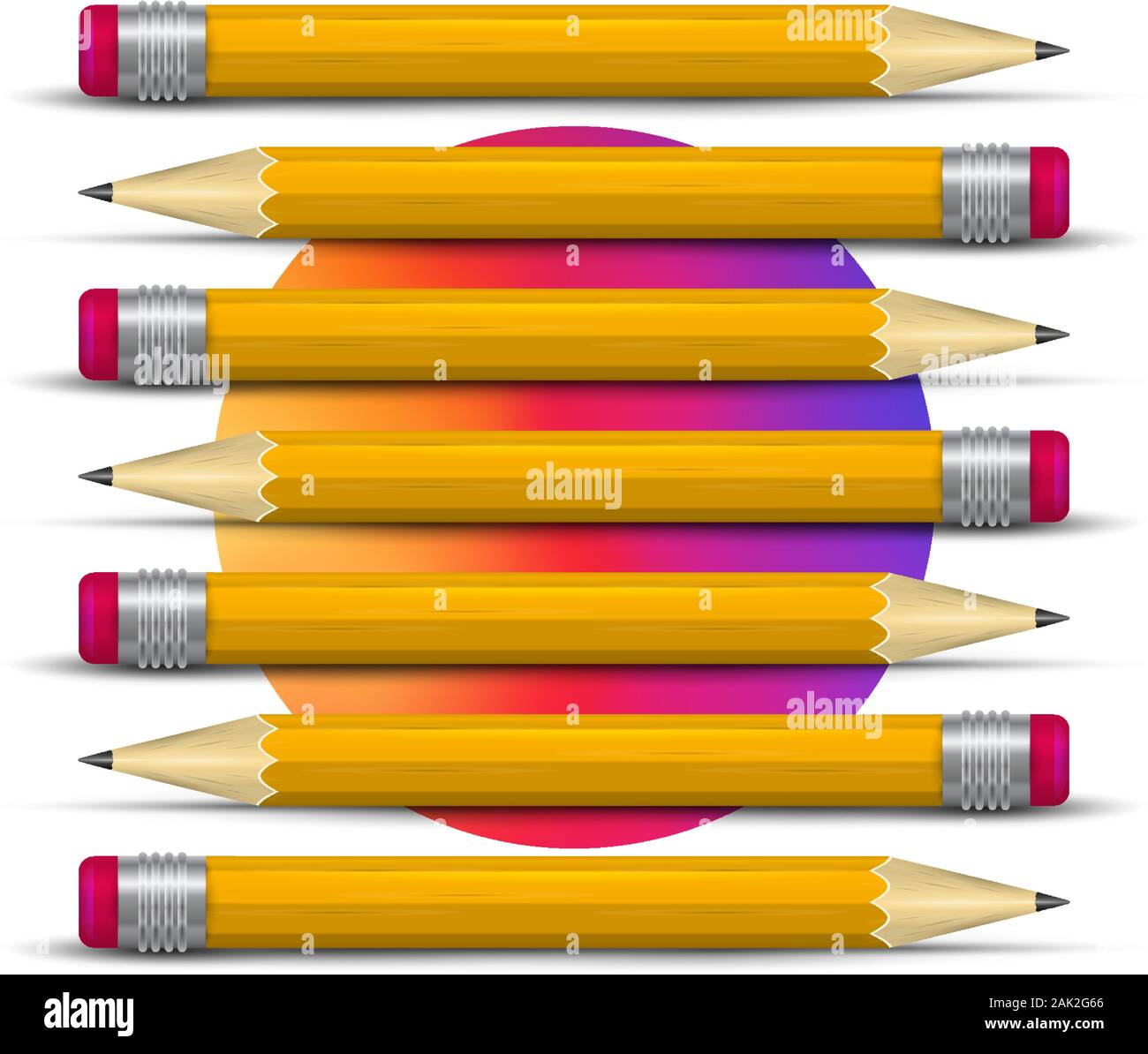 Realistic pencil set. Creation metaphor. Gradient circle. 3D pencil vector illustration. Writing orange sharp pencils with eraser and shadow. Stock Vector