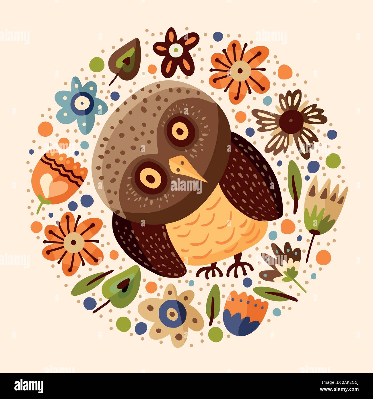 Cute cartoon vector owl round card in a flat style. Wild night bird ...