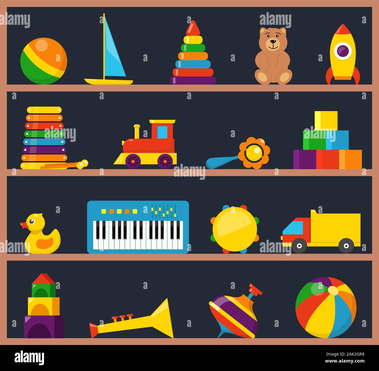 Colorful children toys on wooden shelves. Cubes, whirligig, duck, ball rattle, truck, pyramid, pipe, bear, ball, rocket tambourine boat accordion trai Stock Vector