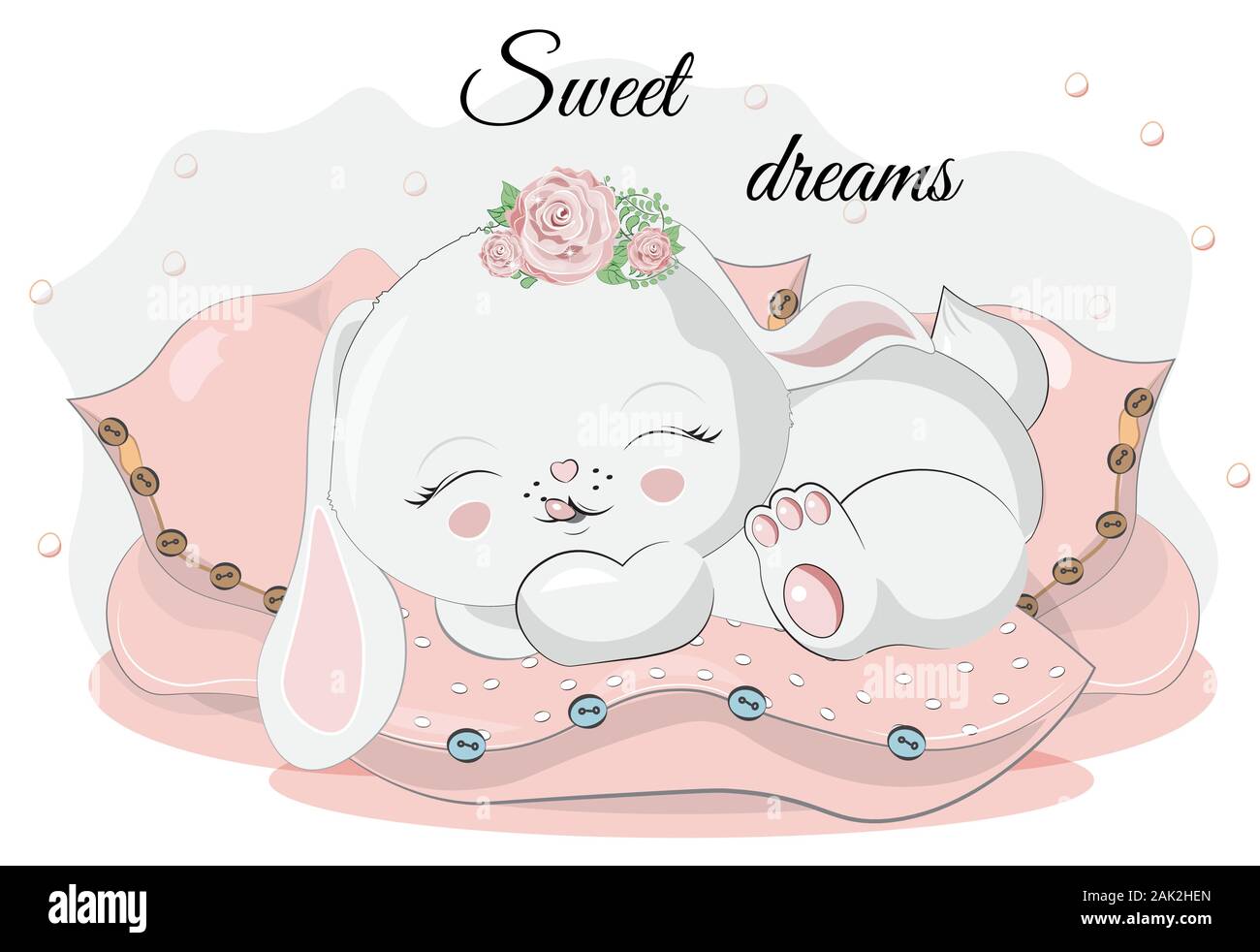 isolated sleepping little bunny. rabbit. hare, in pillows. Picture in hand drawing cartoon style, for t-shirt wear print, fashion design, baby shower. Stock Vector