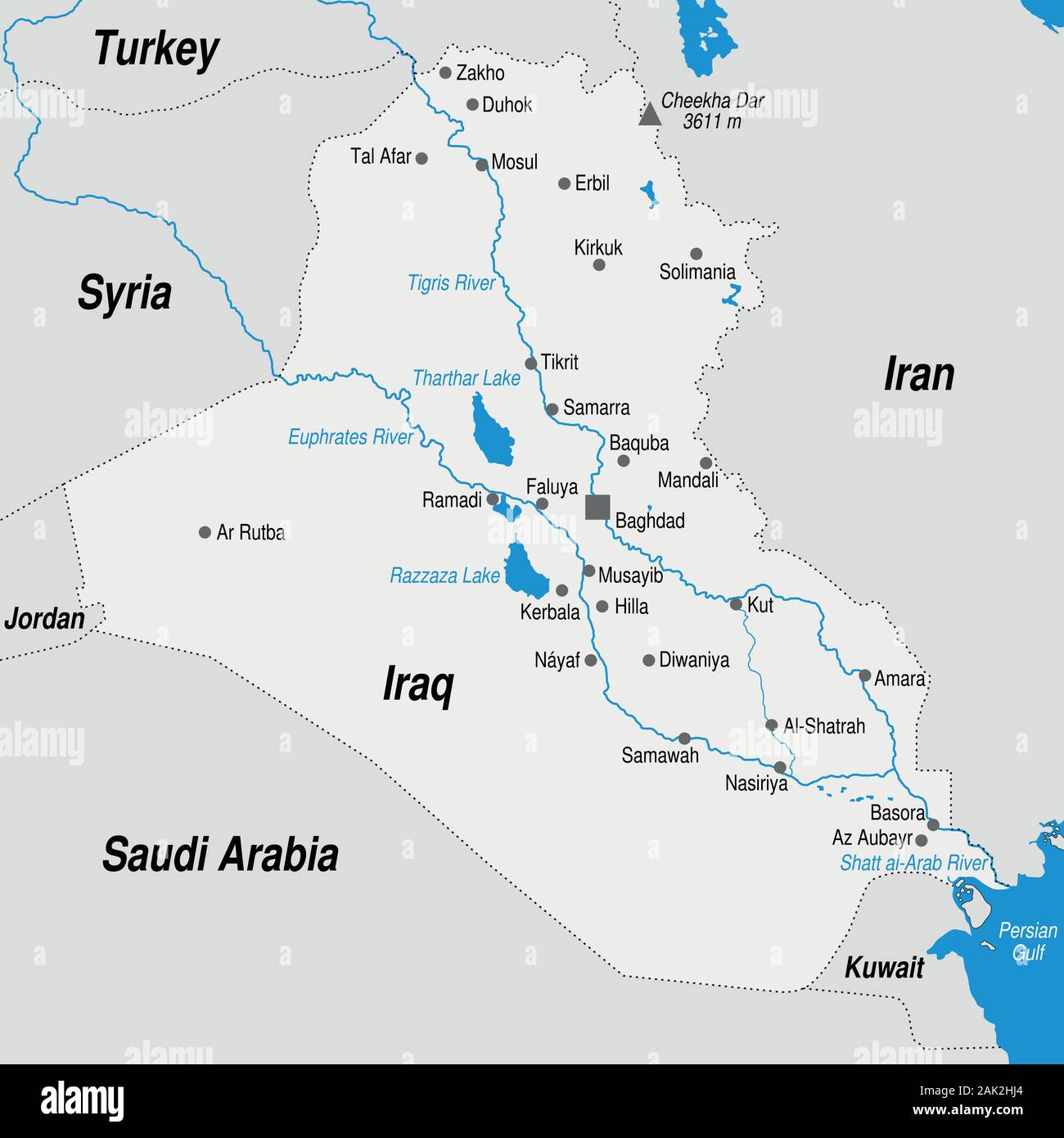 Political map of the Republic of Iraq with the most important cities marked in gray and blue tones. Vector image Stock Vector