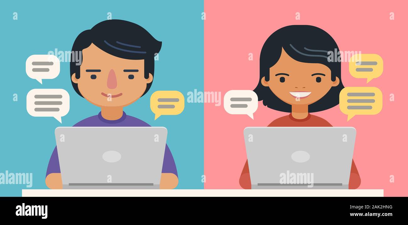 People with speech bubbles and computers. Communication vector illustration Stock Vector