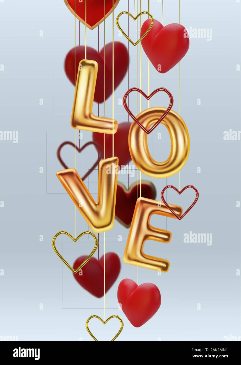 Happy Valentines Day greeting card. Realistic 3d hearts on blue ...