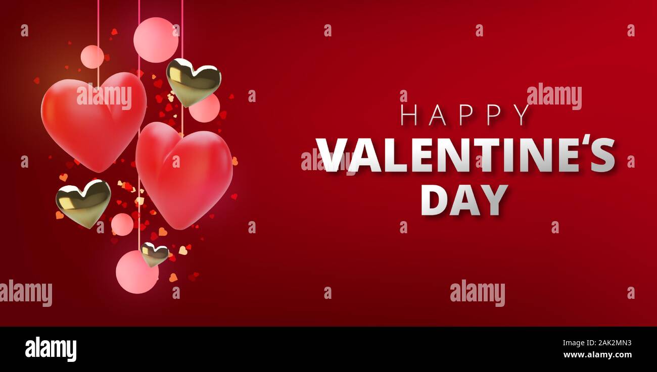 Happy Valentines Day greeting card. Realistic 3d hearts on red ...