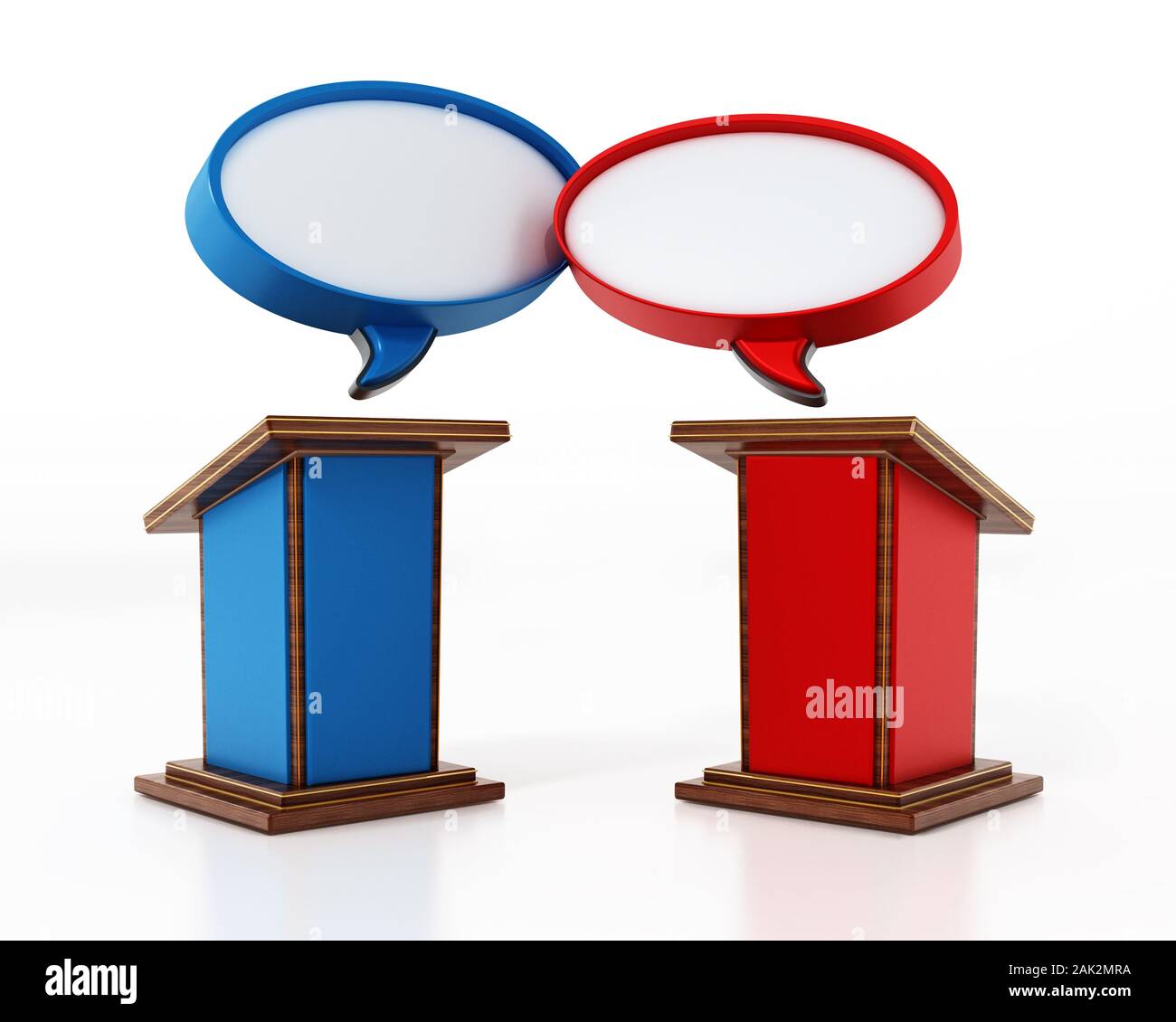 Blue and red lecterns with speech balloons. 3D illustration. Stock Photo