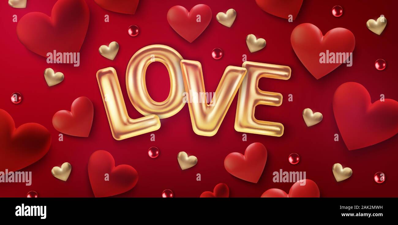 Happy Valentines Day greeting card. Realistic 3d hearts on red ...