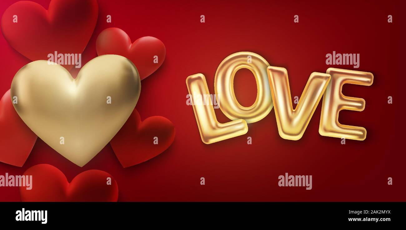Happy Valentines Day greeting card. Realistic 3d hearts on red ...