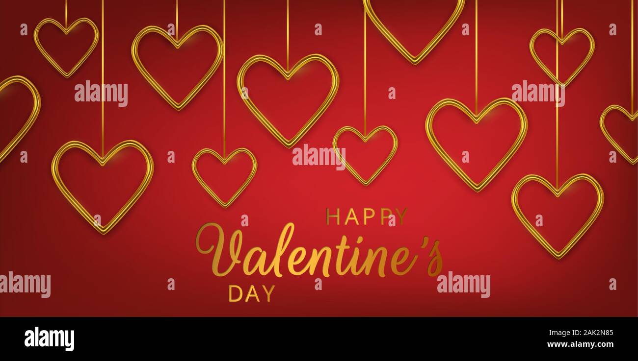 Happy Valentines Day greeting card. Realistic 3d gold metallic hearts ...