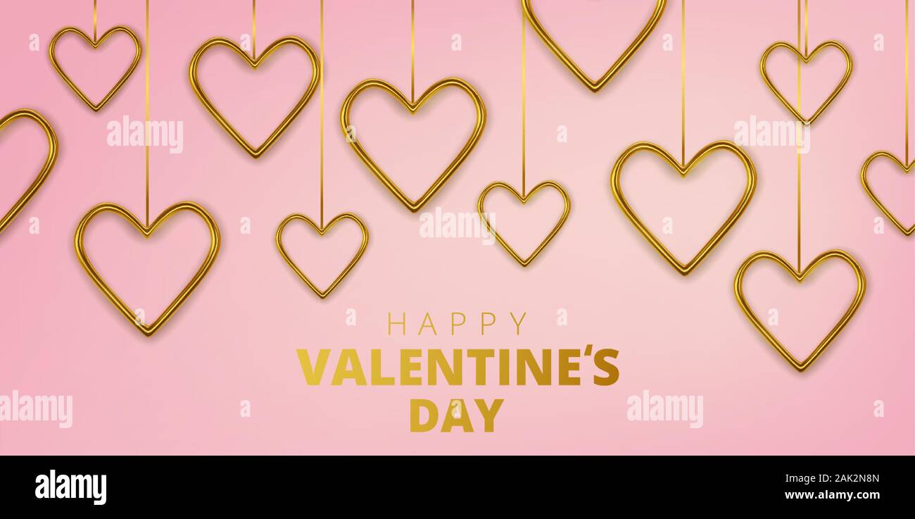 Happy Valentines Day greeting card. Realistic 3d gold metallic hearts ...