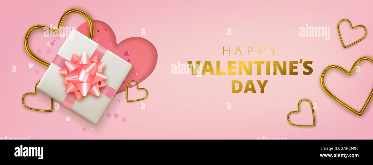 Happy Valentines Day greeting card. Realistic 3d hearts on pink ...