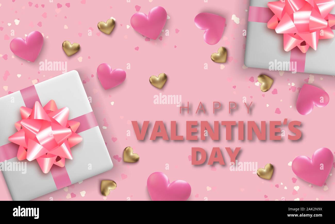 Happy Valentines Day greeting card. Realistic 3d hearts on pink ...