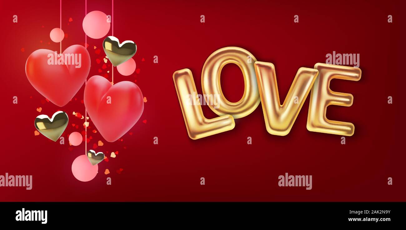 Happy Valentines Day greeting card. Realistic 3d hearts on red ...