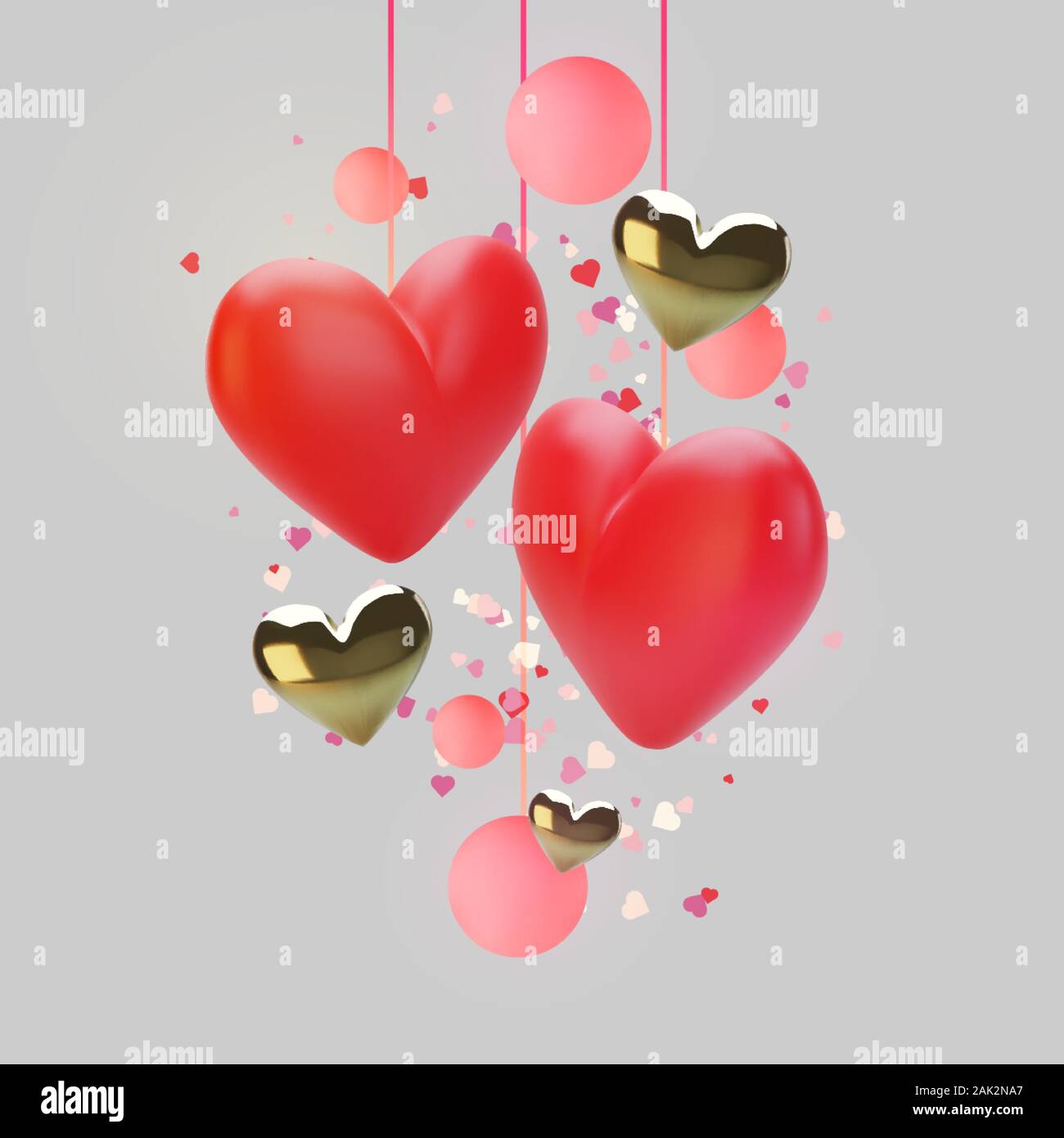 Happy Valentines Day greeting card. Realistic 3d hearts on red ...