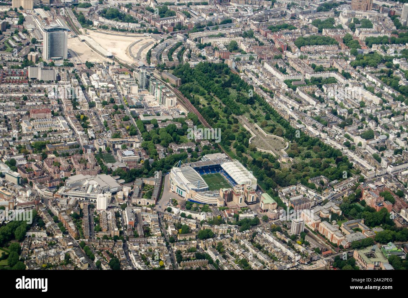 Aerial view looking north across Chelsea and Earls Court with the Stamford Bridge Stadium - home to Chelsea Football Club and Brompton Cemetary in the Stock Photo