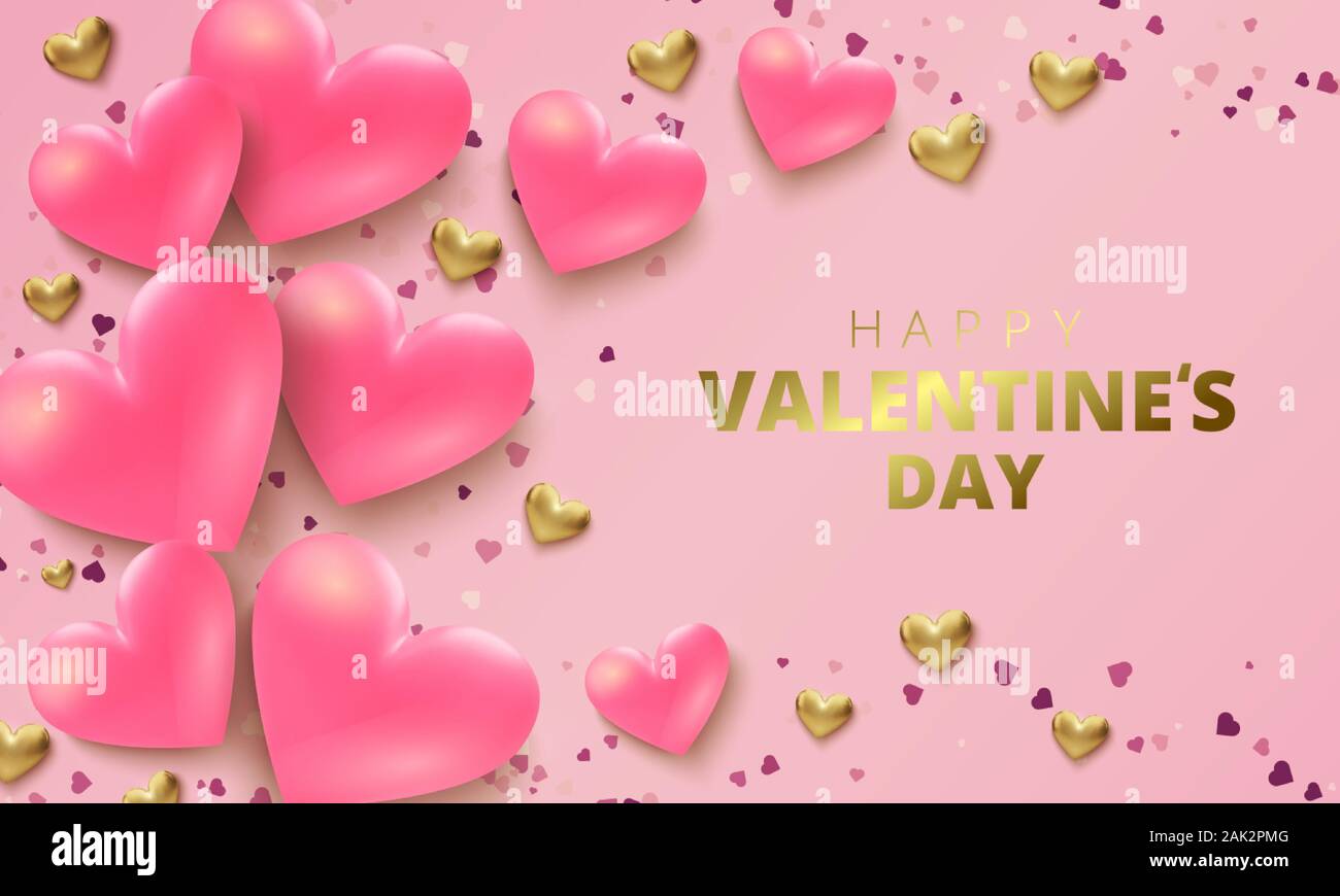 Happy Valentines Day greeting card. Realistic 3d hearts on pink ...