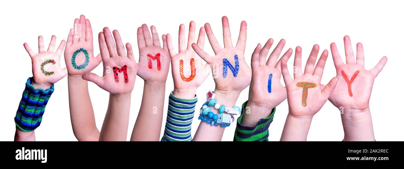Children Hands Building Colorful Word Community. White Isolated ...