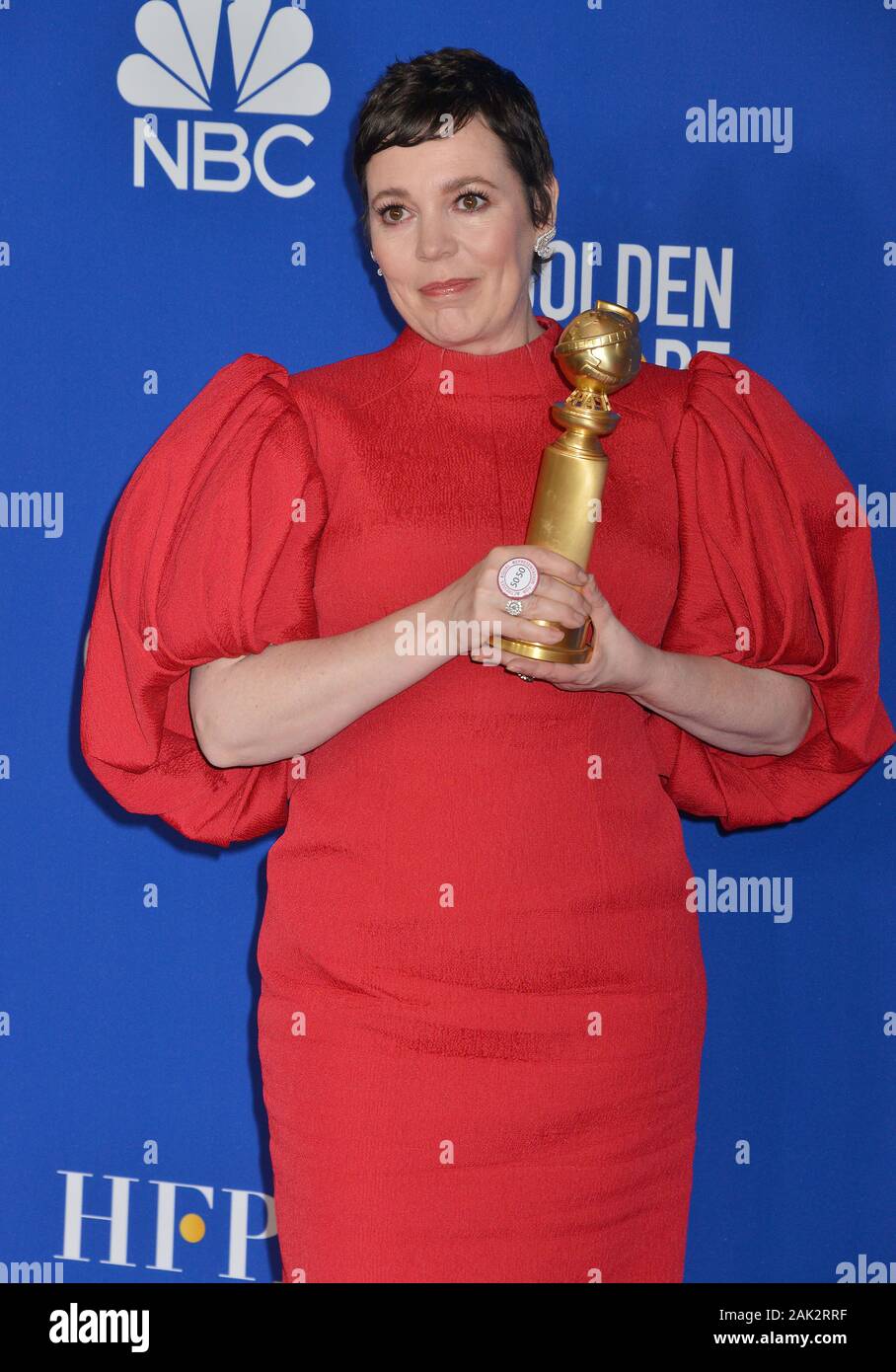 Los Angeles, USA. 06th Jan, 2020. Olivia Coleman 133 poses in the press room with awards at the 77th Annual Golden Globe Awards at The Beverly Hilton Hotel on January 05, 2020 in Beverly Hills, California. Credit: Tsuni/USA/Alamy Live News Stock Photo