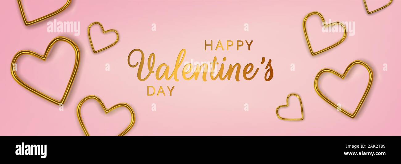Happy Valentines Day greeting card. Realistic 3d gold metallic hearts ...