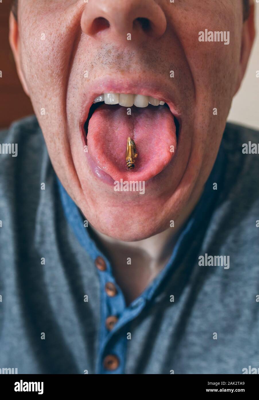 Man showing a cricket on his tongue Stock Photo